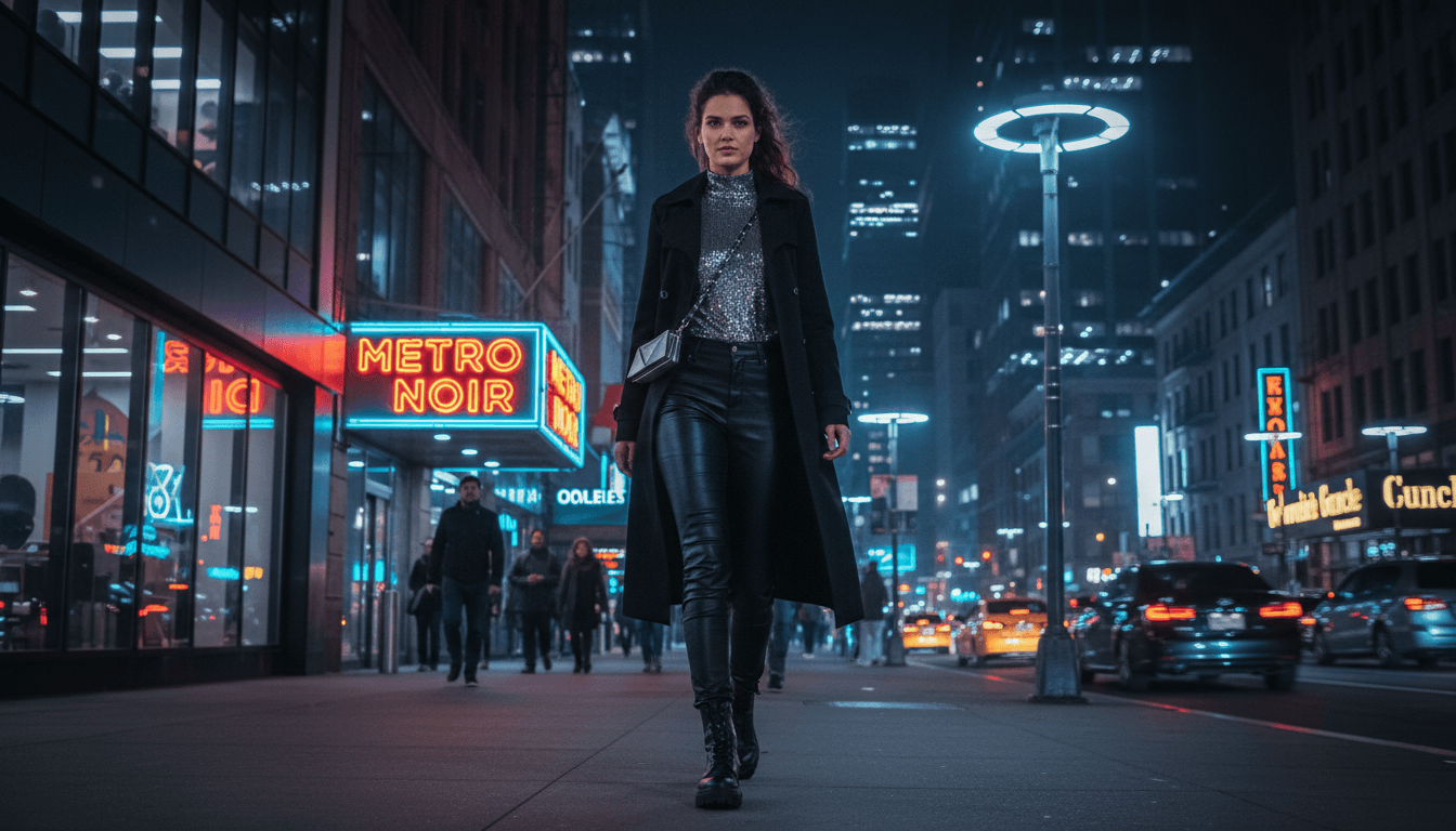 Woman walking confidently at night in a well-lit urban area