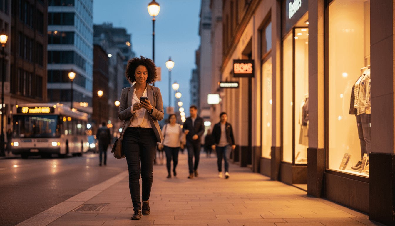 Woman walking with confidence in a well-lit urban environment at night