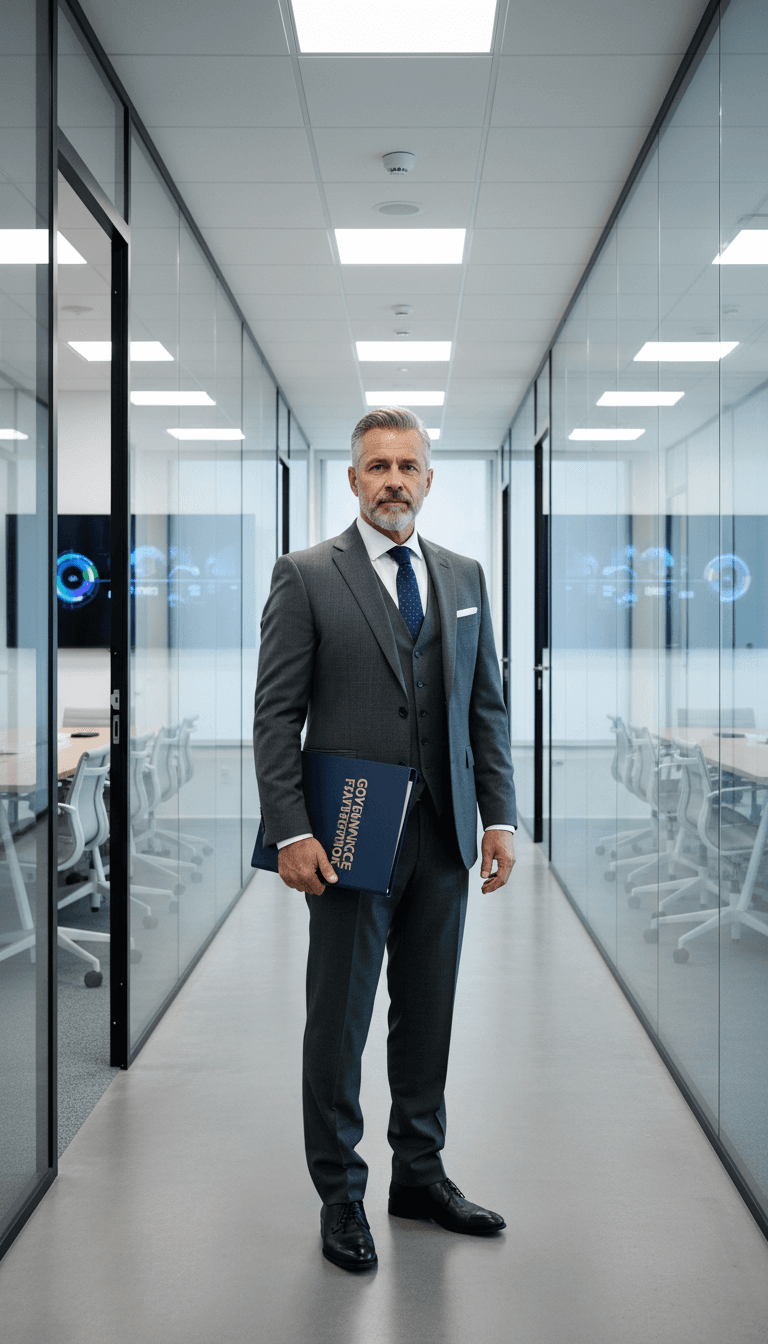 Senior operations director standing confidently in modern office corridor holding governance framework materials