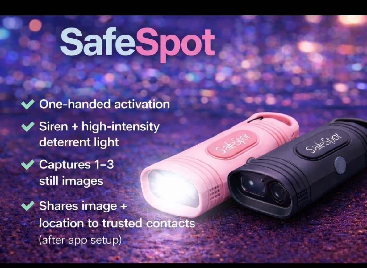 Pink and black SafeSpot personal safety devices with siren, deterrent light, and image capture.
