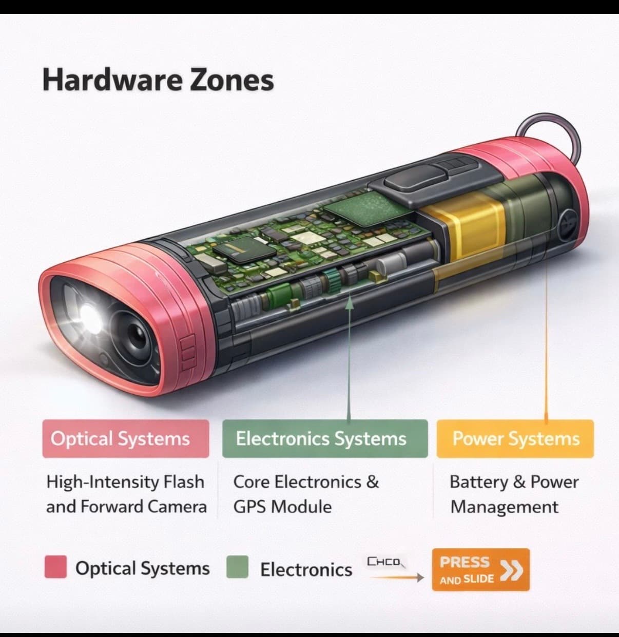Cutaway diagram of a cylindrical device labeling optical, electronics, and power system hardware zones.